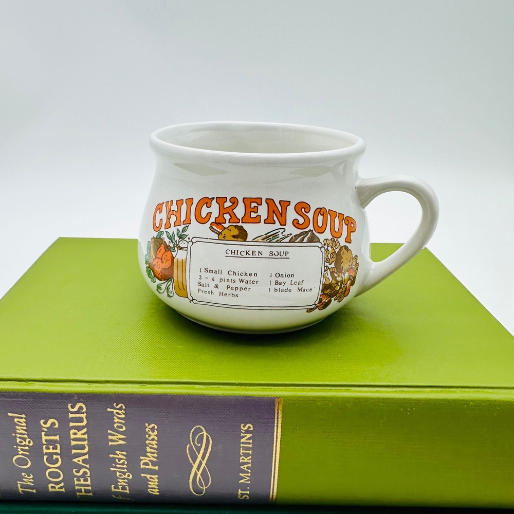 Vintage Chicken Soup Recipe Ceramic Mug Oversized Bowl Retro White Orange